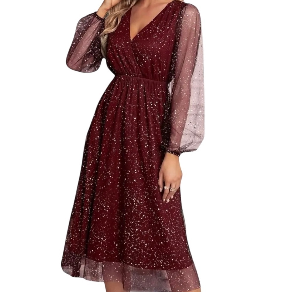 Women’s Shiny Mesh Lantern Sleeve Dress - Picture 5 of 13